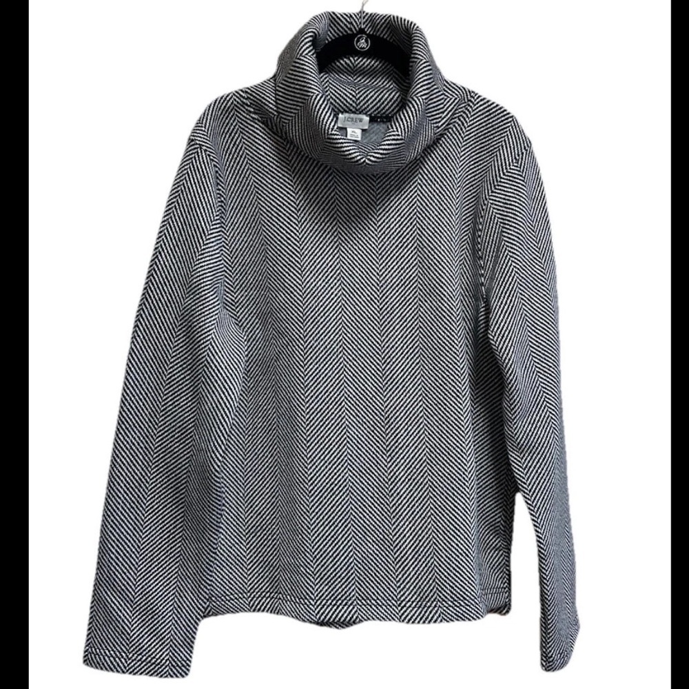 J. Crew Pullover Top Size XL Black White Herringbone Fleece Funnel Neck - Picture 4 of 6